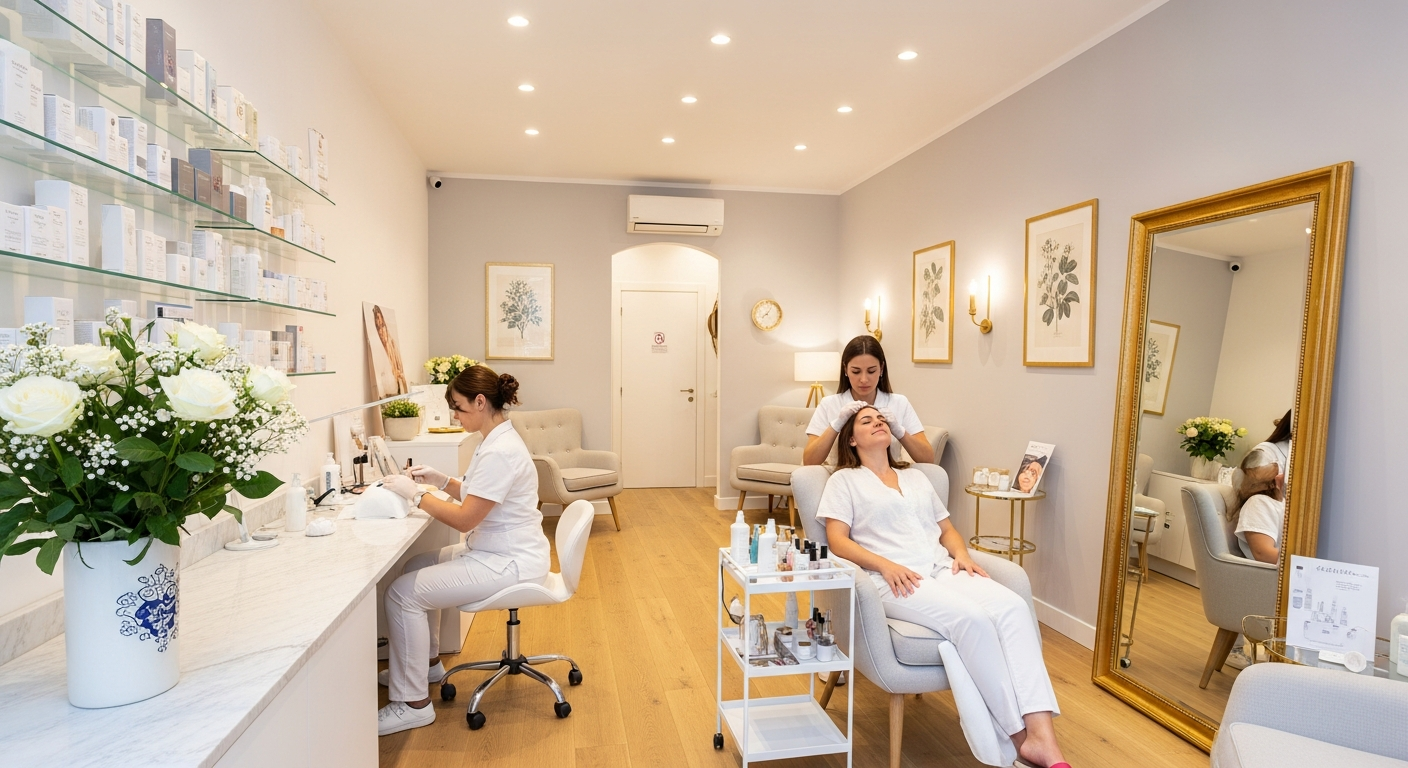 Interno elegante del centro estetico La Manicure a Palermo, una turista si rilassa durante un trattamento.